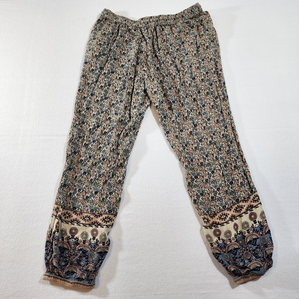 Natural Life Floral Boho Harem Pants XL Elastic Waist Joggers Multicolor Border - Picture 2 of 7